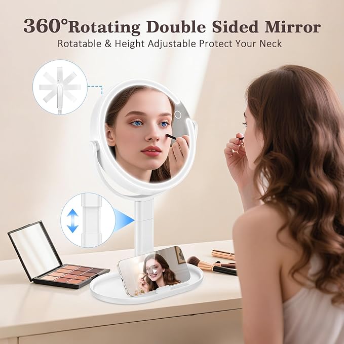 15X/1X Lighted Magnifying Mirror, 4000mAh Rechargeable Makeup Mirror with 3 Level LED Light, 360° Rotation 2 Sided Vanity Desk Mirror, Dimmable Adjustable Height Table Makeup Mirror Phone Stand