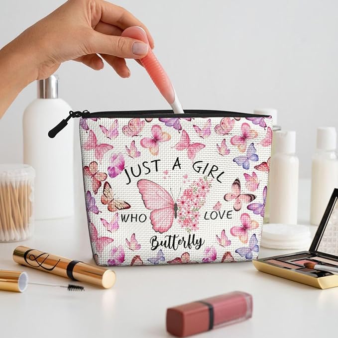MOLAIGIN Just A Girl Who Love Butterfly Cute Butterflies Cosmetic Bag For Women, Travel Makeup Bag, Toiletry Zipper Bag, Large Capacity Aesthetic Cases