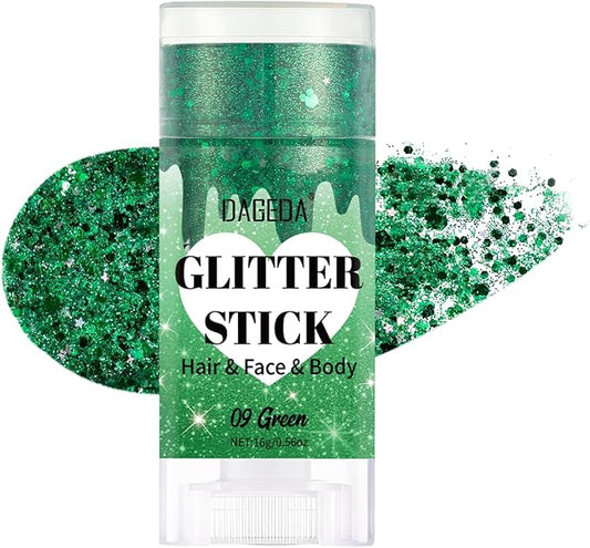DAGEDA Green Body Glitter Stick,St Patricks Day Accessories,Sparkly Face Glitter Makeup,Holographic Hair Glitters Rave Outfits for Women, Shimmer Face Paint Stick for Mardi Gras Singer Concert