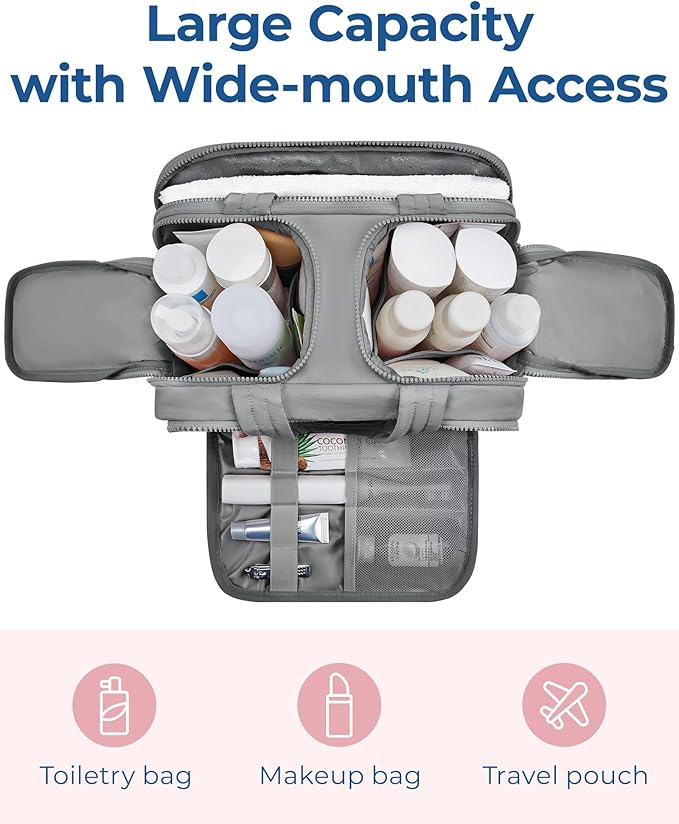 BAGSMART Travel Toiletry Bag, Lightweight Large Wide-open Travel Bag for Women, Puffy Cosmetic Makeup Bag Organizer with Handle for Accessories,Essentials, Toiletries, Grey