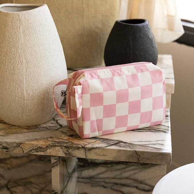 Tiny Twinkle Portable Waterproof Makeup Bag | Travel-Friendly Cosmetic Organizer with Convenient Carry Handle | Spacious Interior, and Secure Zipper Closure (Pink Checkers)