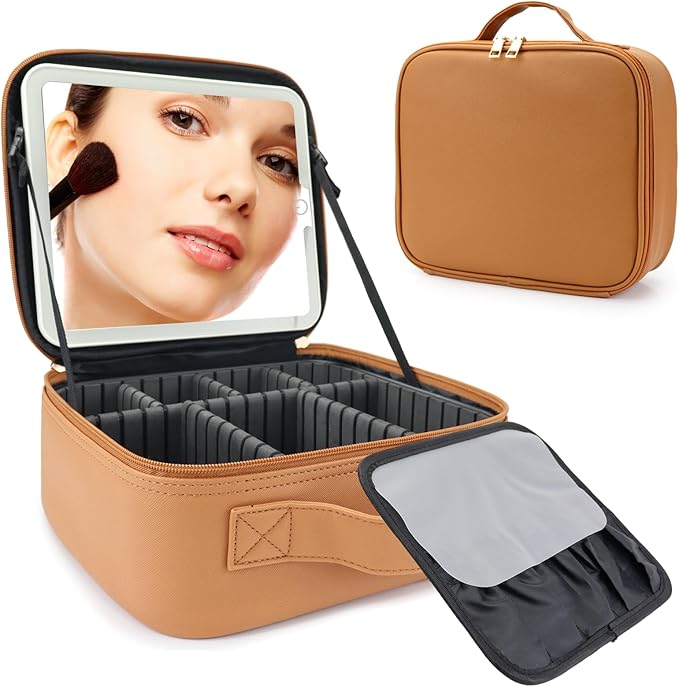 Travel Makeup Bag with LED Mirror Travel Makeup Organizer with 3 Lighted Settings, Adjustable Dividers and Makeup Brush Storage Bag Orange-Brown