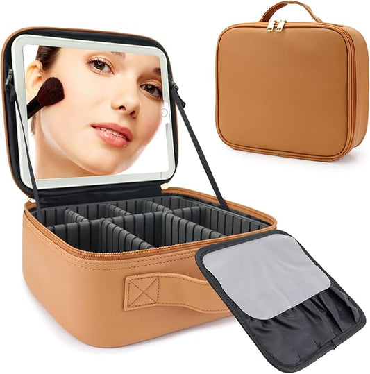 Travel Makeup Bag with LED Mirror Travel Makeup Organizer with 3 Lighted Settings, Adjustable Dividers and Makeup Brush Storage Bag Orange-Brown