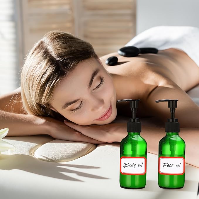 Tanlade 12 Pcs Glass Pump Bottle Dispenser 4 oz Travel Bottles with Pump Refillable Glass Containers for Toiletries Lotion Liquid Soap Shampoo Essential Oils Cosmetic Travel Accessories(Green)