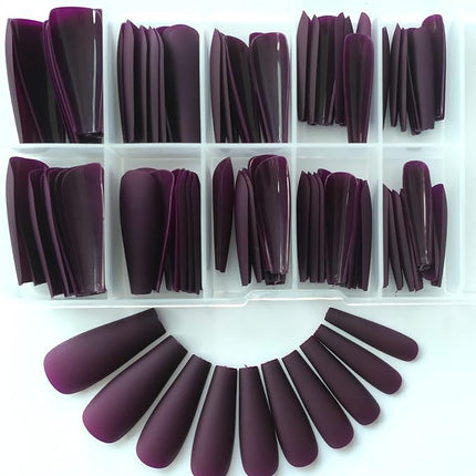 LoveOurHome 100pc Matte Coffin Press on Nails Long Ballerina Fake Nails Full Cover Colored False Artificial Fingernails Manicure Decor 10 Sizes for Women Teen Girls (Dark Magenta)