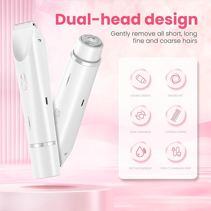 Bikini Trimmer for Women-2 in 1 Dual Head Electric Razors,USB Rechargeable Bikini Electric Shaver,IPX7 Waterproof Dry & Wet Use Body Hair Trimmer and Facial Hair Remover for Underarm Leg Body,White