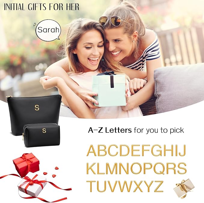 Women Gifts | Initial Makeup Bag Set for Girl Personalized Gifts for Bridesmaid Friend Graduation Teachers PU Leather Cosmetic Travel Toiletry Bag(Black,T)