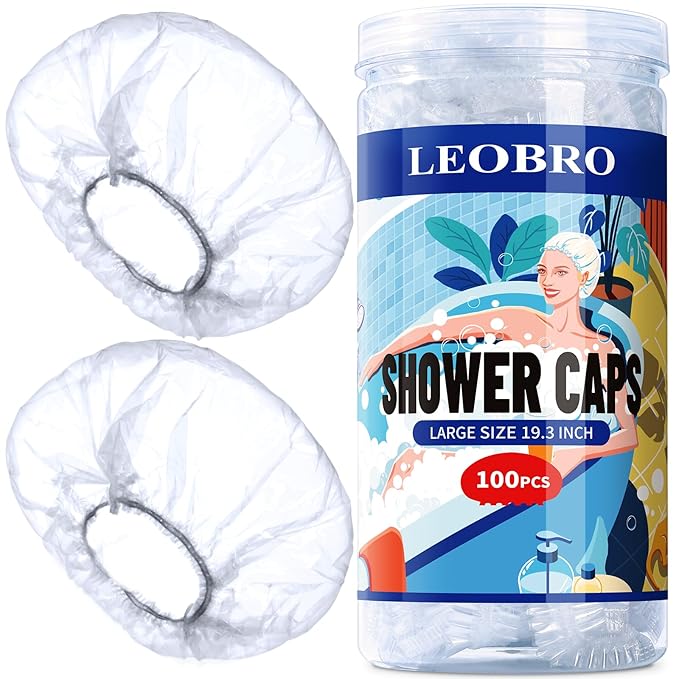 LEOBRO 100PCS Disposable Shower Caps, Large Shower Caps for Women Disposable, Clear Plastic Shower Cap, Plastic Hair Caps for Hair Treatment, Large Size 19.3 INCH