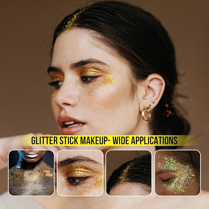 Brzeaf Waterproof Golden Glitter Stick, Halloween Glitter Makeup, Shimmery & Long Lasting, Chunky Glitter for Face/Body/Hair/Eyes/Lip, Singer Concert Music Halloween Christmas Rave Festival