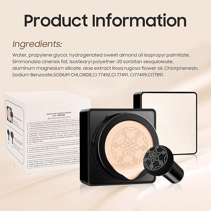 Air Cushion CC Cream - Long-Lasting Brightening Mushroom Head BB Cream Foundation for Face Makeup, Moisturizing Full Coverage Self Adjusting Concealer for Even Skin Tone (Natural, 1 PCS)