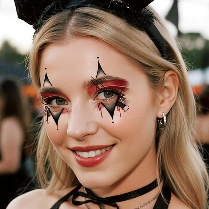 16 Sheets Halloween Face Temporary Tattoo, Spiders Web Bats Skulls Bloody Palm Upper & Lower Lash Realistic Designs Scary Motifs Tattoos for Men & Women Cosplay Party & Festive Face Makeup Decoration
