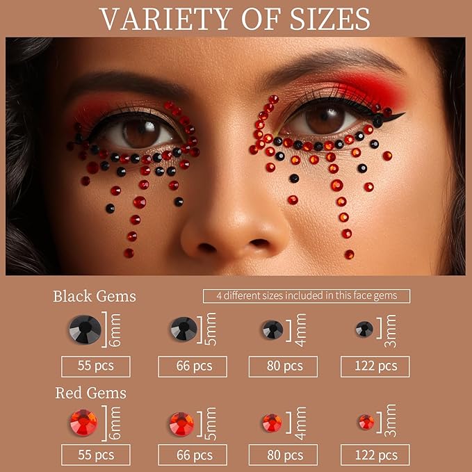 Teenitor Red and Black Face Gems Black Face Rhinestone Makeup Festival Face Jewels Red Stick On Gems, Self-Adhesive Rhinestone Set for Halloween Makeup