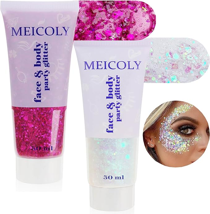 MEICOLY Purple and Clear White Face Body Glitter Set,Mermaid Face Glitter Gel,Singer Concerts Festival Rave Accessories,Sparkling Sequins Glitter Face Paint for Women and Kids,Chunky Glitter Makeup