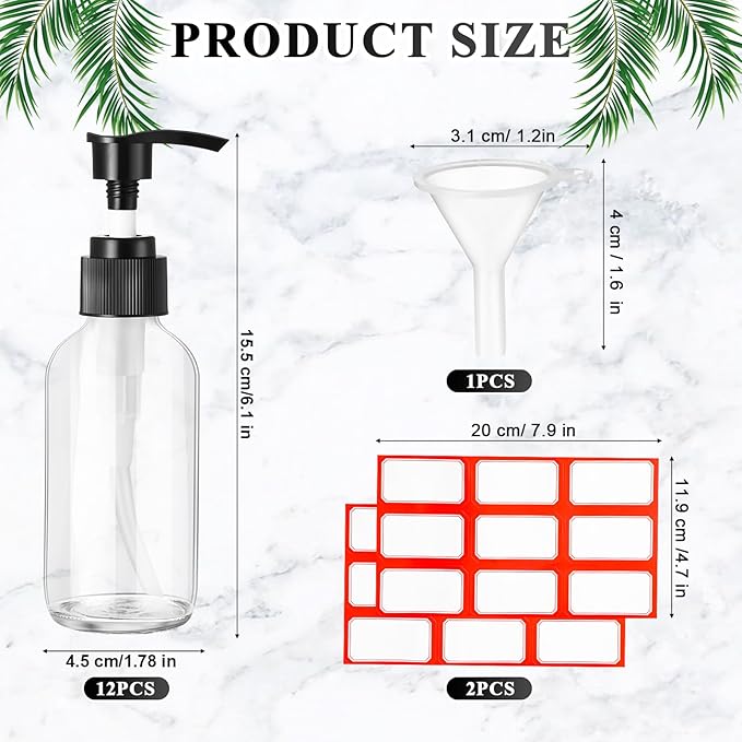 Tanlade 12 Pcs Glass Pump Bottle Dispenser 4 oz Travel Bottles with Pump Refillable Glass Containers for Toiletries Lotion Liquid Soap Shampoo Essential Oils Cosmetic Travel Accessories(Clear)