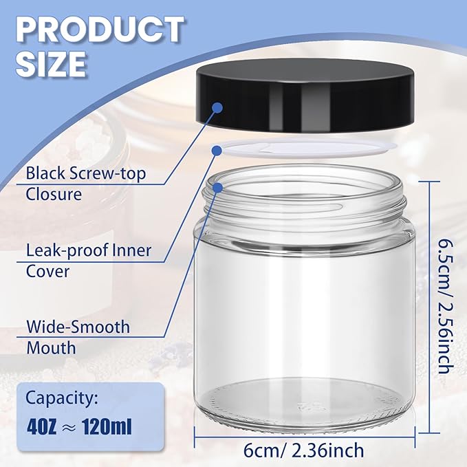 4 oz Clear Glass Jars with Lids - 32 Pack Leakproof Cosmetic Containers with Inner Liners, Wide-Round Smooth Mouth, Sealable for Creams, Lotions, Essential Oils, Body Butter, Travel Samples