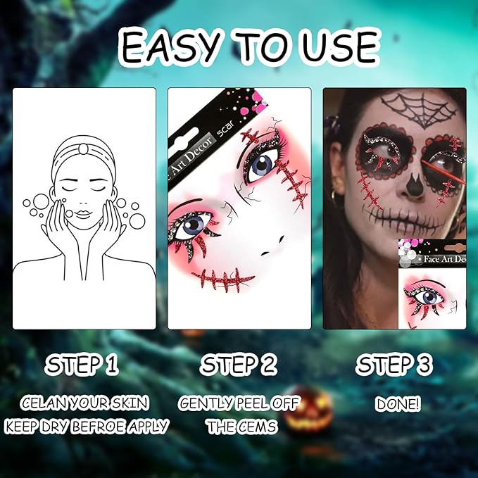 3 Pcs Halloween Face Gems Jewels,Day of the Dead Scar and Blood Stains Rhinestone Face Tattoo Stickers Glitter Rhinestone Face Jewels for Halloween Rave Party Cosplay
