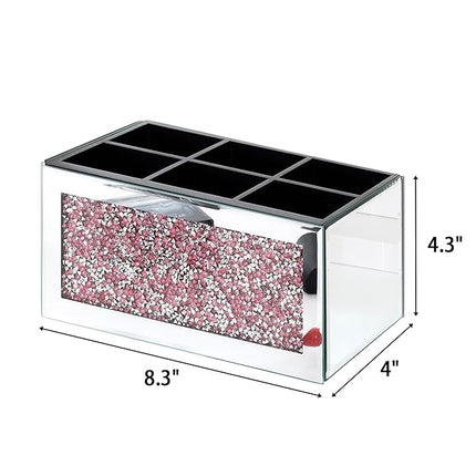 SHYFOY Mirrored Makeup Brush Holder Organizer with Pink Crushed Diamond, 6 Slots Glass Makeup Cosmetics Brushes Organizers and Storage for Vanity Countertop