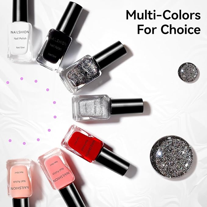 Black Glitter Nail Polish, Fast Air Drying Regular Nail Polish Rainbow Sparkly Shimmer Black Nail Lacquer, High Shine Toe Fingernail Polish, Nails Art Salon Manicure at Home Gift