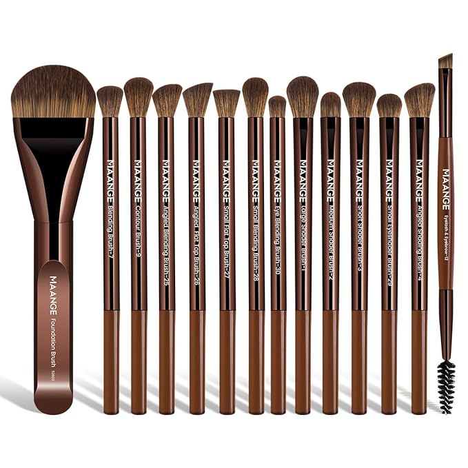 MAANGE 14-Piece Makeup Brush Set with Aluminum Ferrule- Premium Synthetic Makeup Brushes Kit Foundation Brush Eye Shadow for Beginners & Professionals(Dark Coffe)