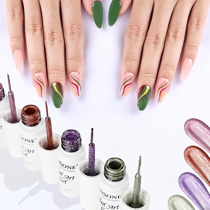 JODSONE Nail Art Gel Liner Set 10 Colors Glitter Purple Gold Green Gel Nail polish Need U V Lamp Cured with Thin Brush at Home Salon Design