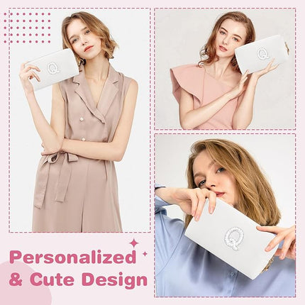 Bride Gifts – Personalized Initial Makeup Bag with Pearl Rhinestone Patch, Preppy White Monogram Cosmetic/Toiletry Pouch, bridesmaid Gifts, Bridal Shower Gifts, Wedding Gifts, Bridal Gifts,Q