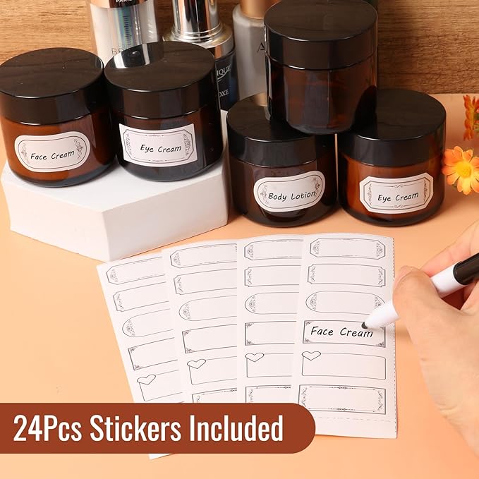 2 oz Amber Glass Jars with Lids 24Pack, Small Jars with Inner Liners for Sample, Powder, Cream, Lotion and Ointments with Stickers & Spatulas Included