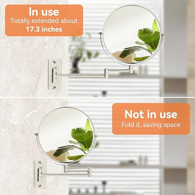 8" Extendable Bathroom Mirror Wall Mount with 1X/10X Magnification, 360° Swivel Double Sided Vanity & Shaving Mirror, Nickel Finish (No Light)