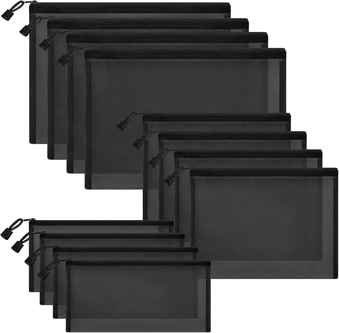 12 Pieces Zipper Nylon Mesh Pouch, Mesh Cosmetic Bags Makeup Bags Pencil Case, Multipurpose Travel Bags for Cosmetic School Office Supplies and Travel Accessories (Black, Assorted Sizes)