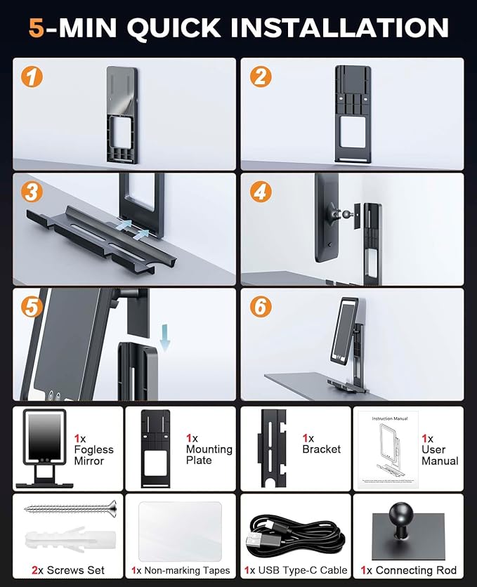 Shower Mirror Fogless for Shaving 7x9in Heated Anti Fog Mirror 3 Color Dimmable Lighted Mirror Rechargeable with Storage Tray Razor Holders 360° Rotatable Black Fog Free Bathroom Mirror for Men