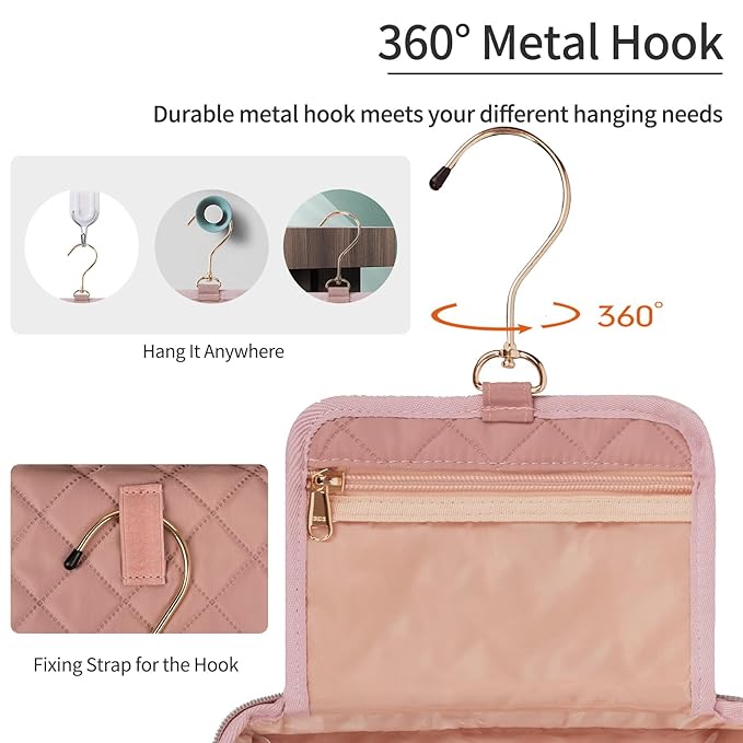 CUBETASTIC Travel Toiletry Bag, Makeup Bag for Women, Small Hanging Travel Bag for Toiletries with 3 Compartment, Portable Cosmetic Organizer Case, Water-resistant, Pink