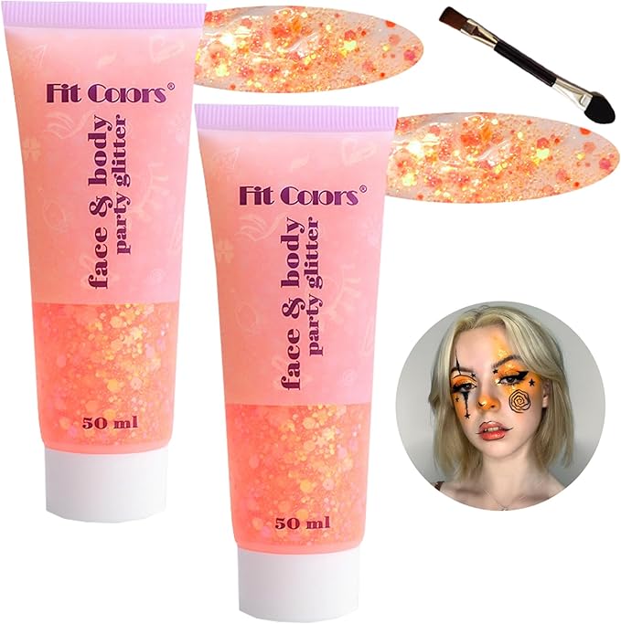 Body Glitter Face Glitter Gel: Singer Concerts Disco Festival Rave Accessories Face Glitter Makeup 150ml Chunky Sequins Mermaid Face Body Hair Glitter Gel (2 Orange)
