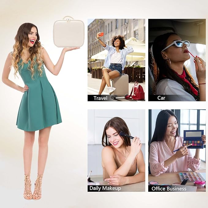 Travel Makeup Bag with LED Mirror Travel Makeup Organizer with 3 Lighted Settings, Adjustable Dividers and Makeup Brush Storage Bag White