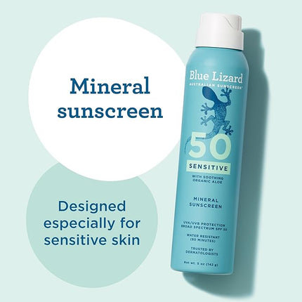 Blue Lizard Sensitive Mineral SPF 50 Spray, Dermatologist-Recommended Brand, Broad-Spectrum UVA/UVB Protection, Water-Resistant, Zinc Oxide Formula, 5 oz