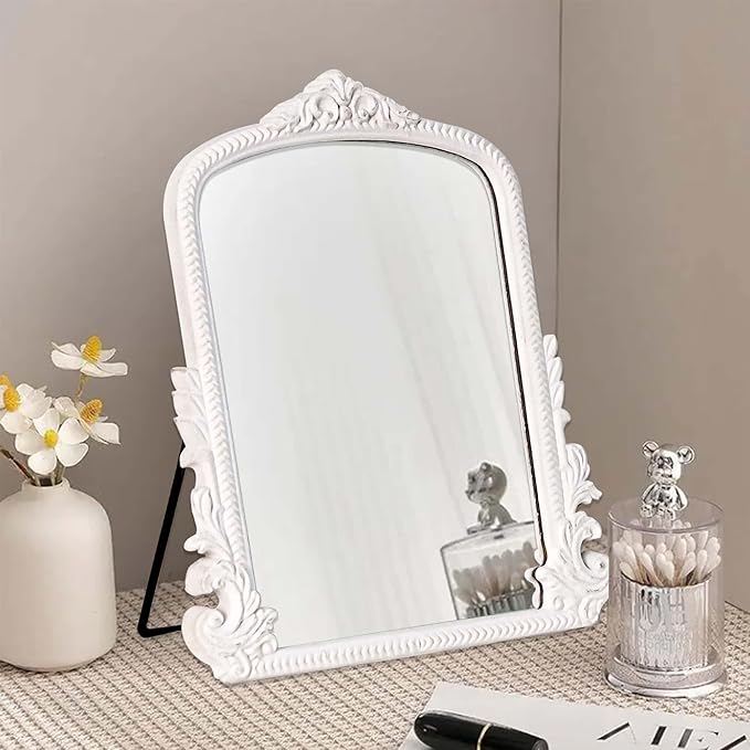 11.8" x 9.6" Small White Arched Vanity Mirror, Vintage Makeup Mirror Baroque Style Arendahl Carved Mirror with Frame for Desk Decorative Table Aesthetic for Dresser,Bedroom,Living-Room