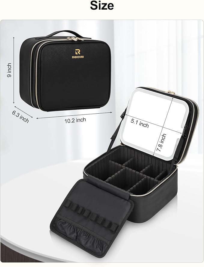 Travel Makeup Bag with LED Mirror Double Layer Makeup Case with Lighted Mirror Dual Layer Cosmetic Train Case Portable Artist Organizer Bag with Dividers and Rechargeable Vanity (Black, Small)