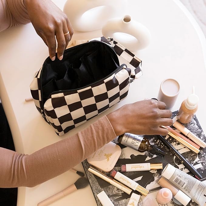 Tiny Twinkle Portable Waterproof Makeup Bag | Travel-Friendly Cosmetic Organizer with Convenient Carry Handle | Spacious Interior, and Secure Zipper Closure (Black Checkers)