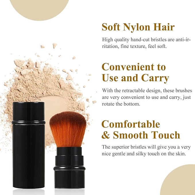 Vtrem 3 Colors Retractable Makeup Brush Travel Blush Brushes Kabuki Foundation Brush Portable Face Powder Brush Mini Makeup Brush Set with Cover, Red/Black/Brown