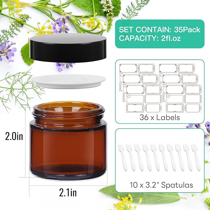 35 Pack 2 oz Amber Round Glass Jars with Black Lids - Portable Empty Glass Containers with Inner Liners for Cosmetic, Body Butters, Body Butter, Candle Jars