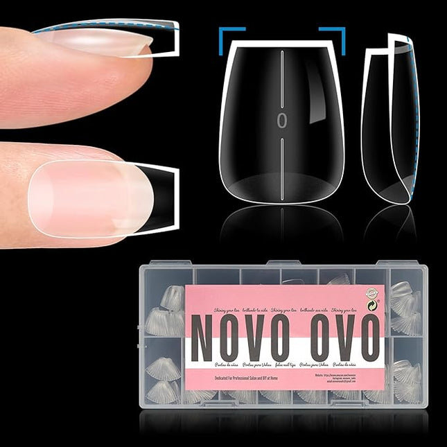 NOVO OVO Short Coffin Thick Natural Nail Tips Press on, No C Curve Ballerina Soak Off Soft Gel Fake Nail Extension, Full Cover False Nails for Acrylic French, Salon DIY x 15 Sizes 510 pcs