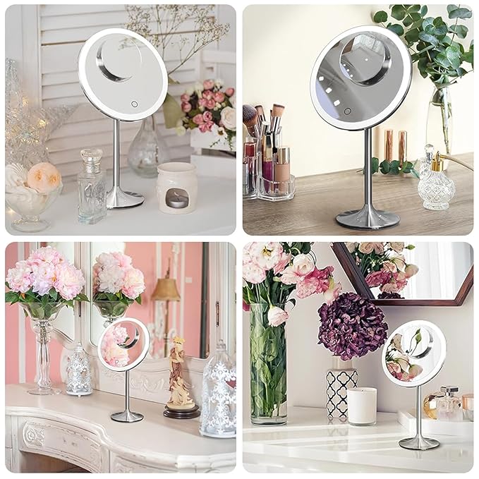 Miusco Makeup Mirror 9" Vanity Mirror with Lights, 5X & 10X Magnification - Front/Back Magnetic Design, Rechargeable & Cordless, Touch Dimming, 90° Adjustable Angle, Metal Frame, Includes USB Cable