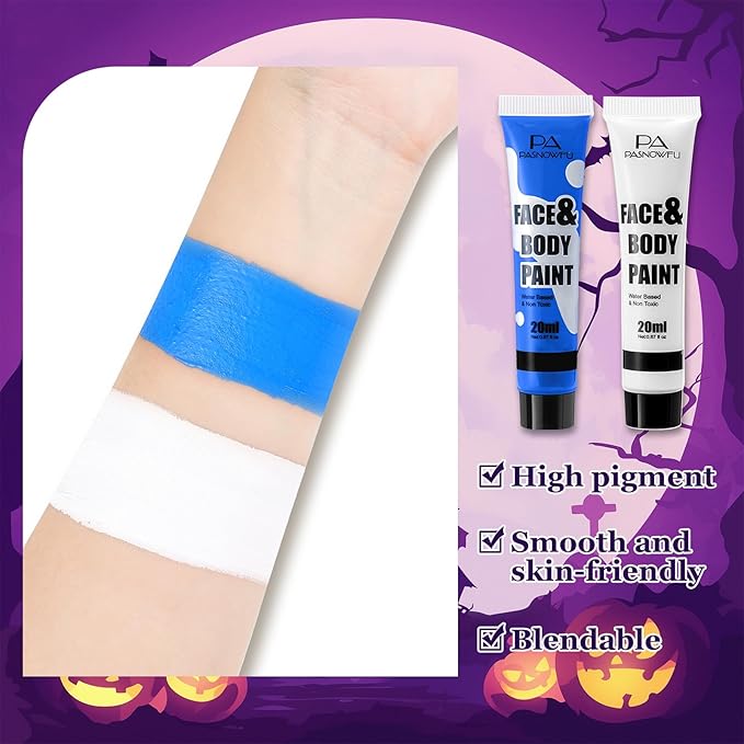 White and Blue Face Paint - Water-Based Non-Toxic Face Body Paint Kit for Smurf Mystique Character, Highly Pigmented Washable Painting for Halloween Cosplay SFX Makeup，Costume Parties
