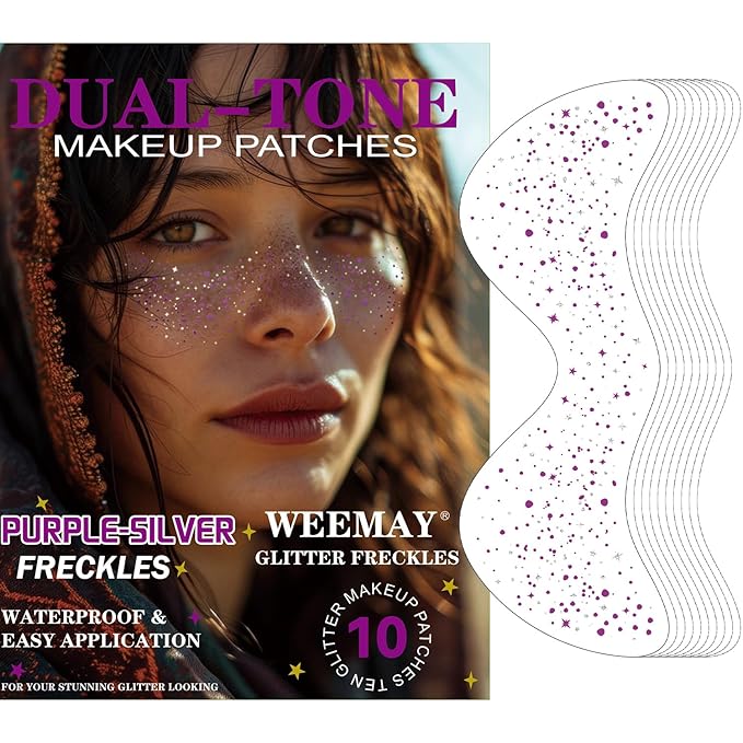 10 Pcs Purple and Silver Dual-tone Glitter Freckles, Halloween Glitter Freckle Face Tattoos, Waterproof Face Sparkle Temporary Tattoos, Long-lasting 48h Halloween Makeup for Women and Kids
