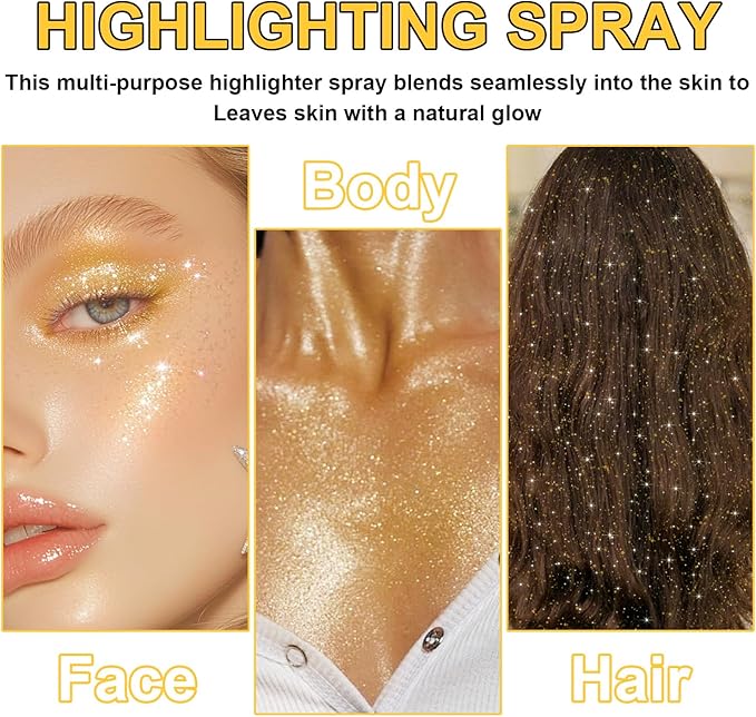 Hair and Body Glitter Spray, Shimmering Powder Sparkle Powder Makeup, Glitter Loose Sparkle Makeup for Body Highlighter,Festival Prom Rave Accessories (Gold)