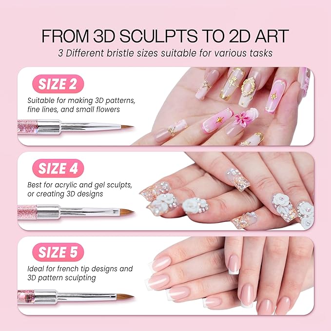 PANA 3D Kolinsky Nail Art Brush - Pink Glitter Handle, Size 2 - Acrylic Nail Art Sculpture Brush for Manicures Pedicure Salon Professional or Beginner