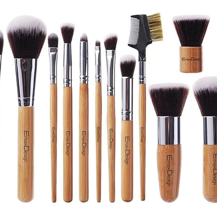 12 Pieces Makeup Brush Set Professional Bamboo Handle Premium Synthetic Kabuki Foundation Blending Blush Concealer Eye Face Liquid Powder Cream Cosmetics Brushes Kit With Bag