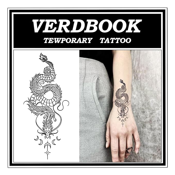 Waterproof Temporary Tattoos: 2-Sheet Tattoo Kit with Realistic Body Stickers, Semi-Permanent Tattoos for Adults Lasting 7-15 Days – Safe for Men & Women, Lunar Dragon Pattern
