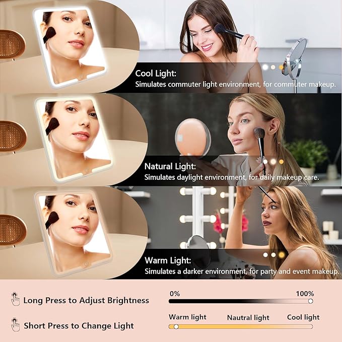 Travel Makeup Bag with LED Mirror Travel Makeup Organizer with 3 Lighted Settings, Adjustable Dividers and Makeup Brush Storage Bag Khaki