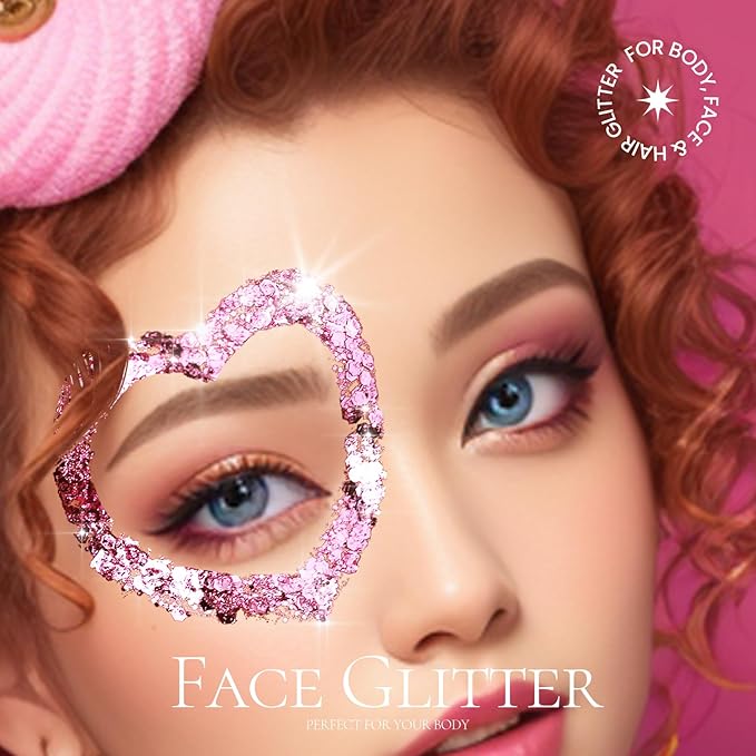 Teenitor Pink Body Glitter, Chunky Face Glitter, Hair Glitter Gel, 80g/2.8oz Pink Festival Cheer Holographic Glitter for Makeup Face Body Hair