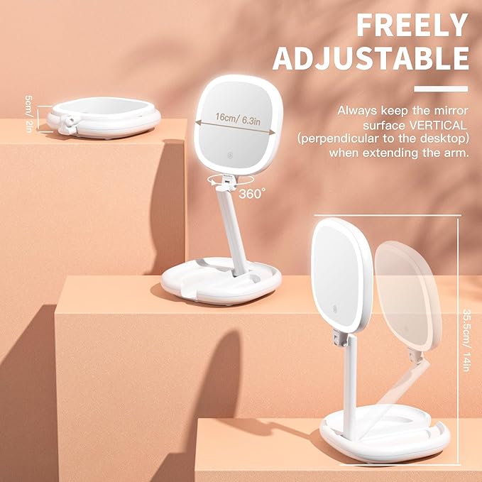 6.3'' Makeup Mirror with Magnification, 1X/8X Magnifying Vanity Mirror with 3 Light Modes, Rechargeable Double-Sided LED Lighted Mirror, Adjustable Height & Folding Stand Mirror for Women