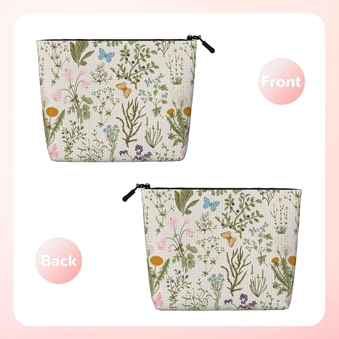 MOLAIGIN Vintage Color Plants Herbs Floral Butterfly Botanical Cosmetic Bag For Women, Travel Makeup Bag, Toiletry Zipper Bag, Large Capacity Aesthetic Cases